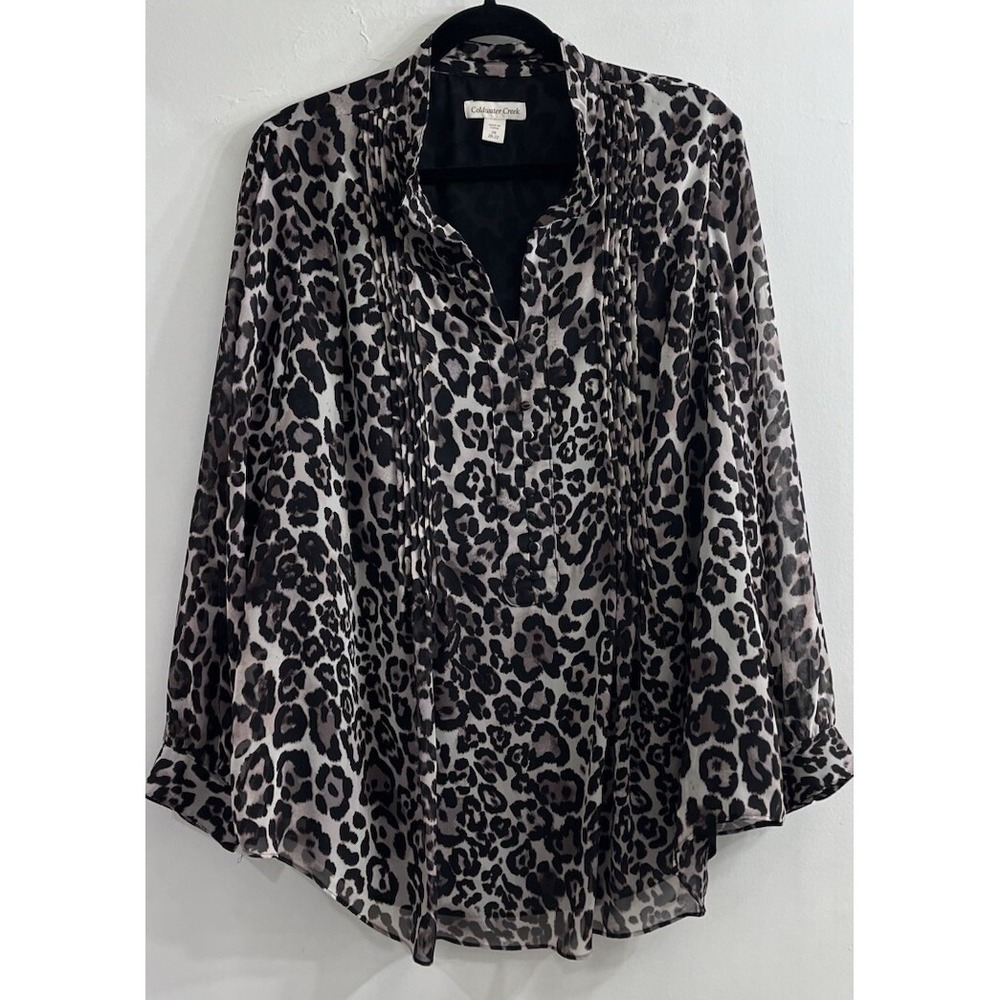 Coldwater Creek Womens 2X Leopard Animal Print Top Black Brown Pleated V Neck